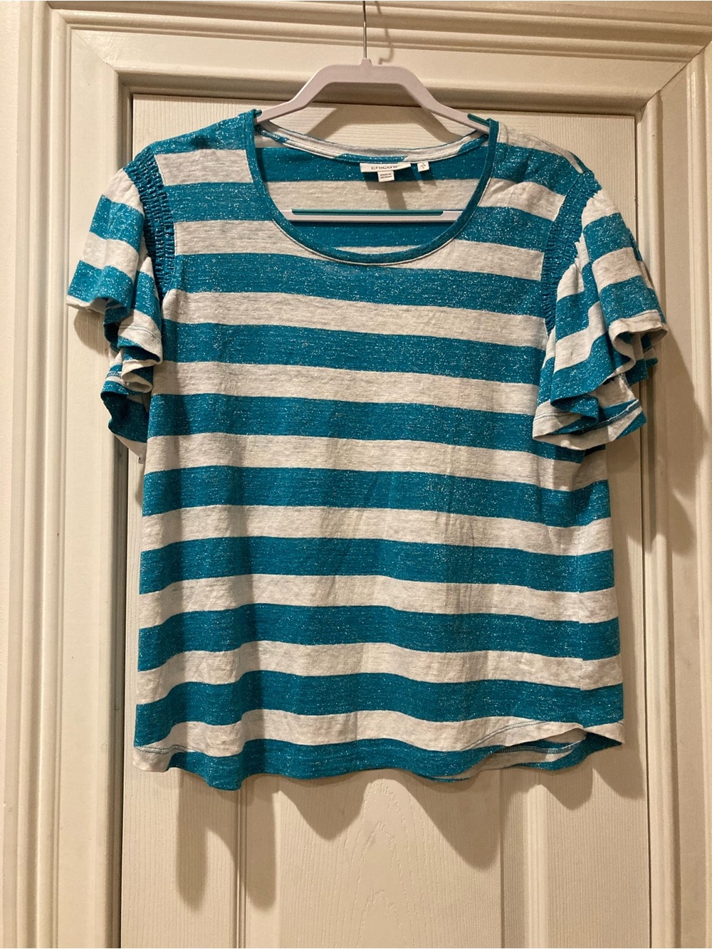 Chico's Linen Teal and White Striped Short Sleeve Tee - size Large